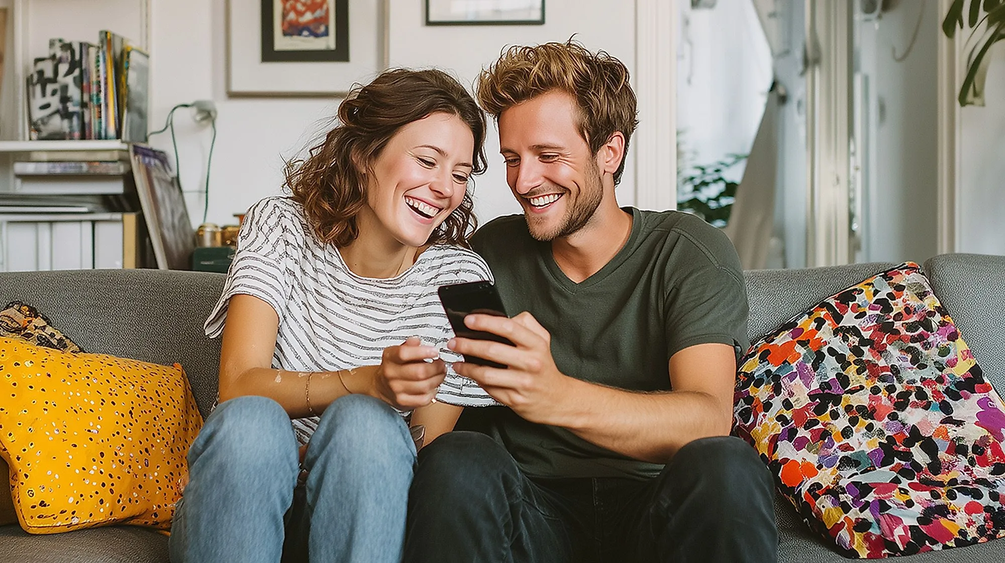 Lachendes junges Paar sitzt gemütlich auf dem Sofa und bucht online seine Unterkunft für den Urlaub.