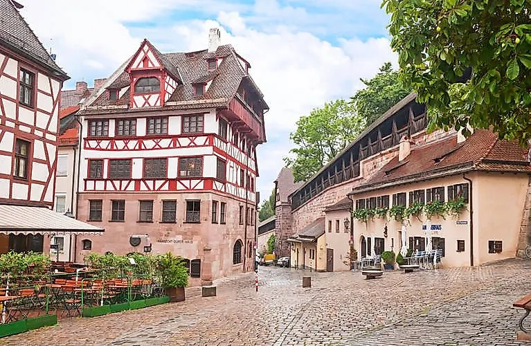 Old town scene with the half-timbered house of the artist Albrecht Dürer in Nuremberg's old town.