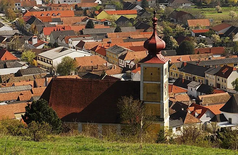 Historische kerk met rode uienkoepel boven de daken van een dorp in Burgenland