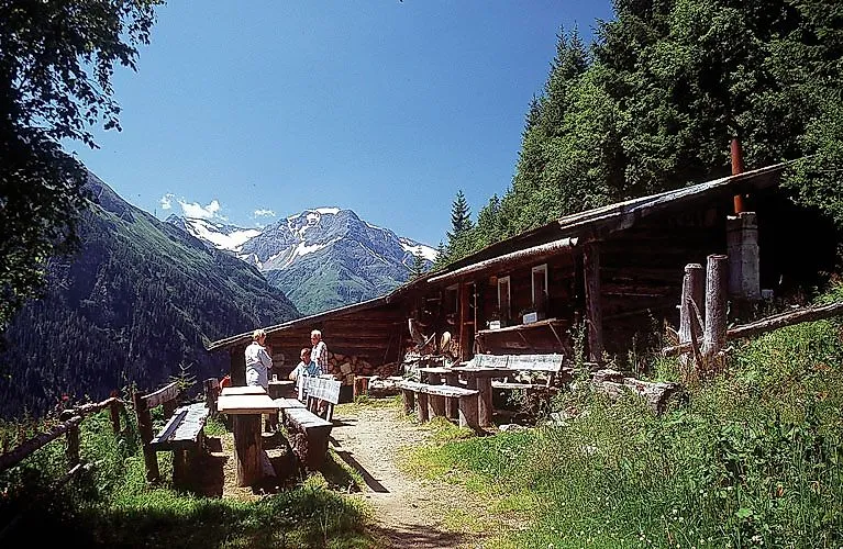 Los excursionistas descansan en un rústico refugio de montaña en el valle de Gastein con vistas a las verdes laderas de las montañas y los picos nevados al fondo.