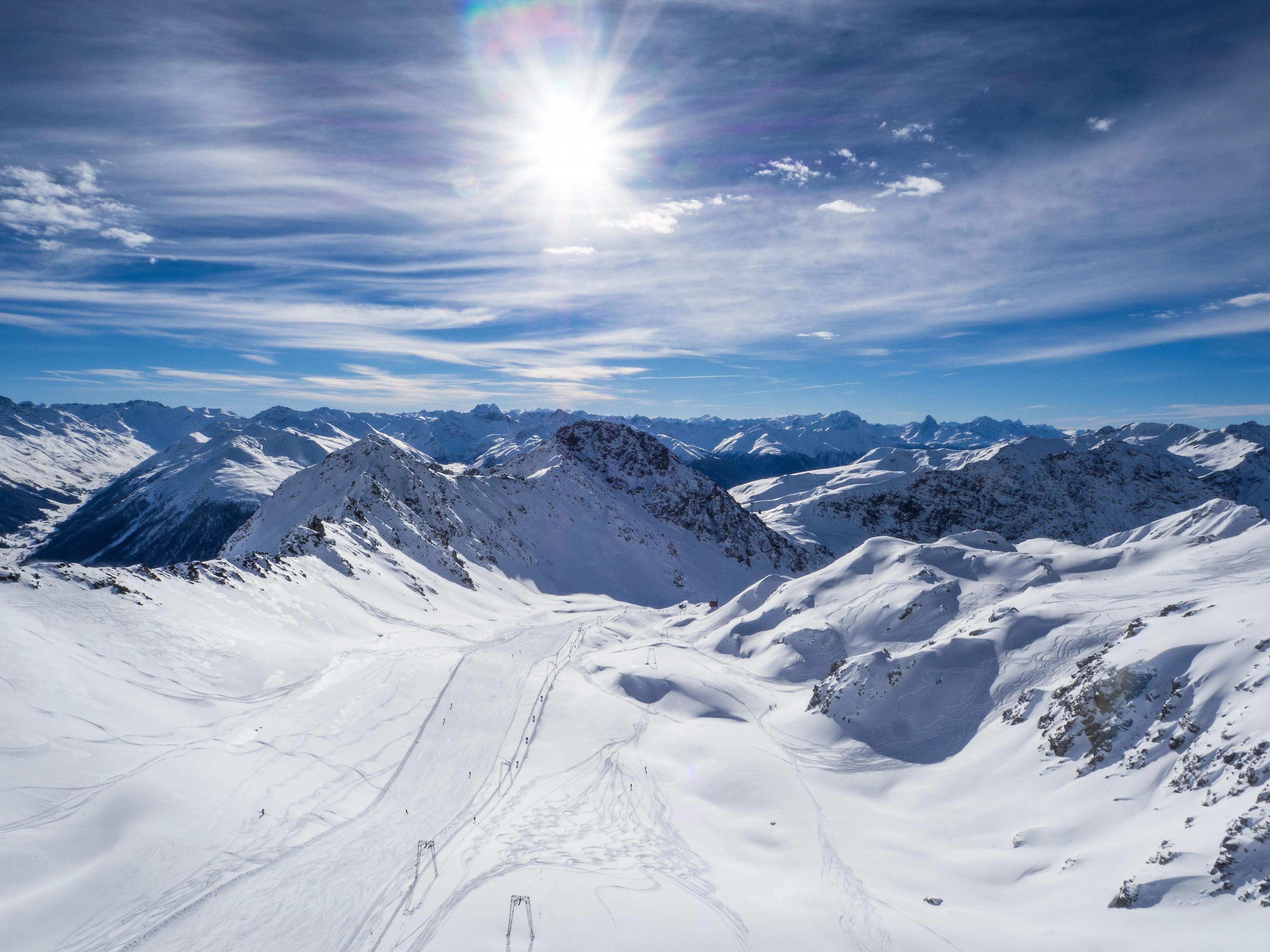 Winter panorama from the Weissfluh summit above Davos Parsenn, featuring snow-covered peaks and ski slopes