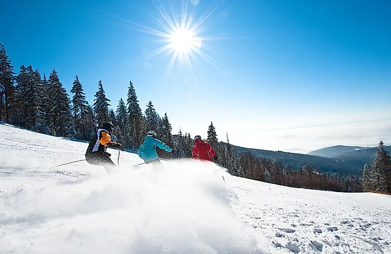 Un groupe de skieurs dans le domaine skiable de Hochficht par un temps de rêve