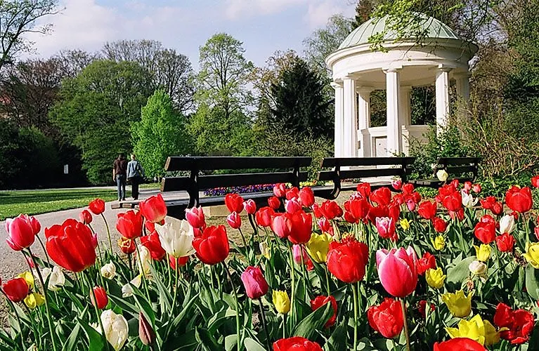 Jar v kúpeľných záhradách Bad Salzuflen s farebnými tulipánmi a výhľadom na Leopoldsprudel.