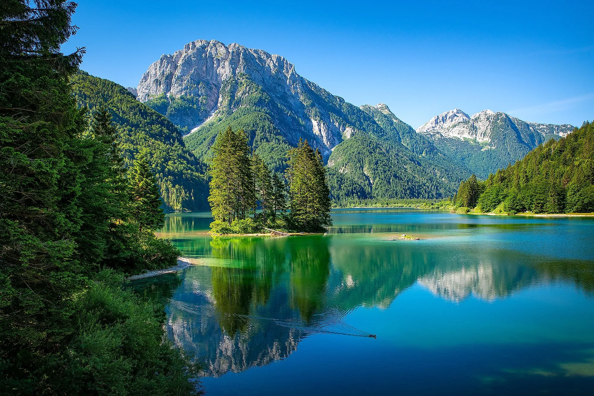Tyrkysové jezero Lago del Predil obklopené horami s malým zalesněným ostrůvkem ve Friuli