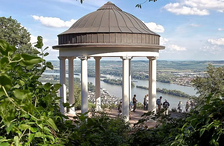 Niederwald temple with a view of the Rhine valley near Rüdesheim on a sunny day