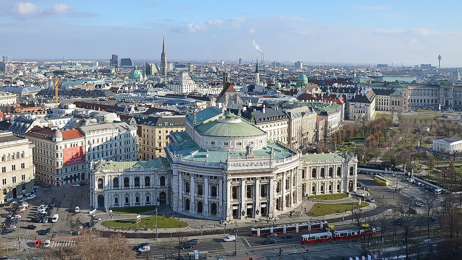 View over Vienna with the Burgtheater on the Ringstrasse, St. Stephen's Cathedral and panorama of the city center