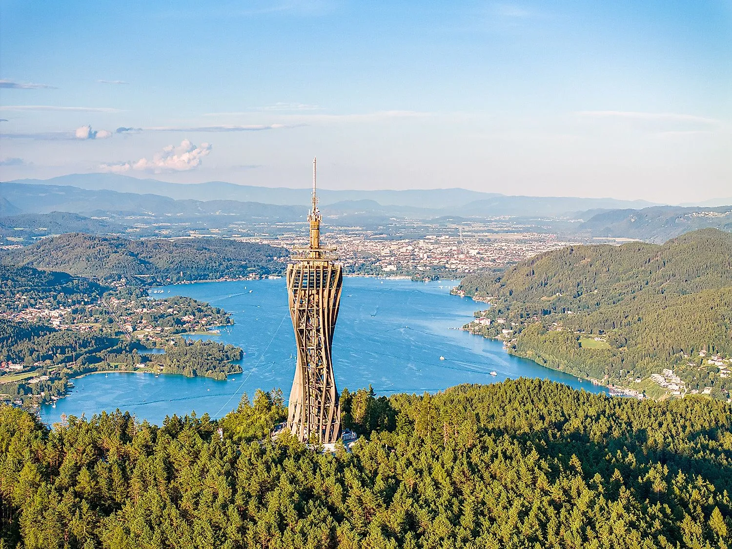 View from the Pyramidenkogel over Lake Wörthersee and Klagenfurt