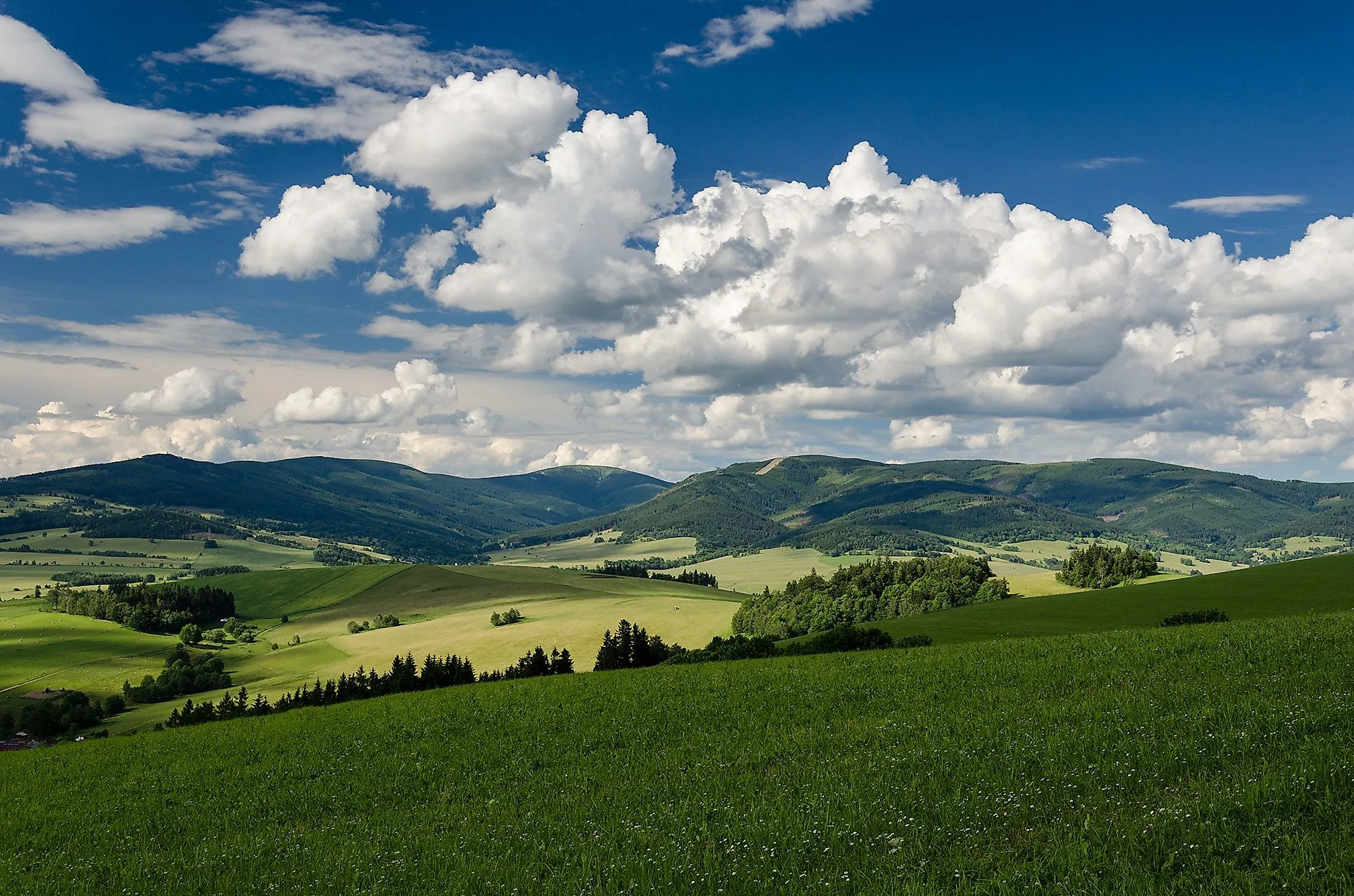 Paysage de montagne estival près de Dolní Morava avec des prairies vertes, des collines et un vaste ciel.