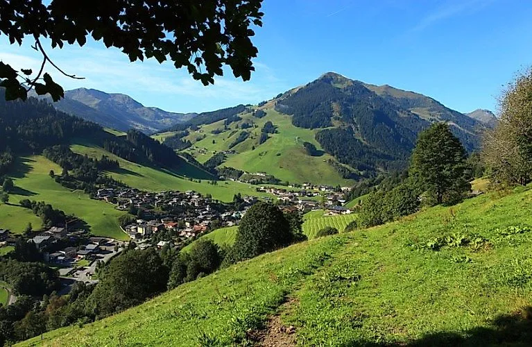 Summer panorama of Saalbach with a view of the Zwölferkogel and green alpine meadows under a blue sky.