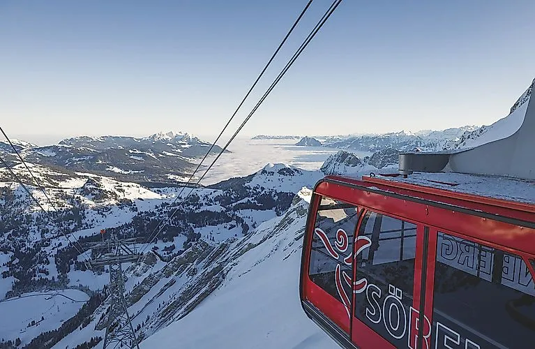 Red gondola of the Sörenberg aerial cableway in front of a snow-covered Alpine backdrop and a wide view over the sea of fog.