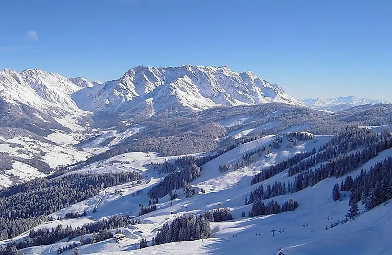 Zasněžená horská krajina v Mühlbachu am Hochkönig s výhledem na sjezdovky a lesy