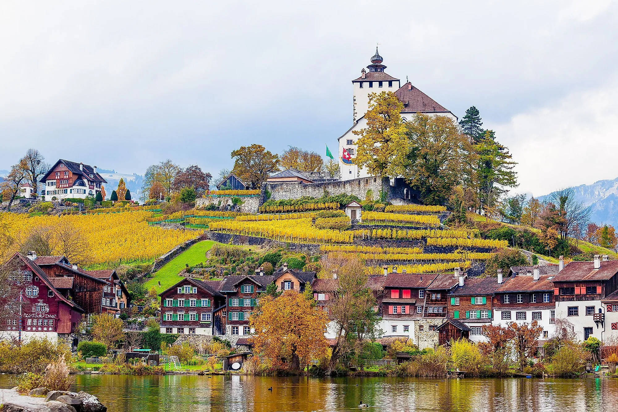 Pohled na hrad Werdenberg s vinicemi a historickými domy v Buchs SG
