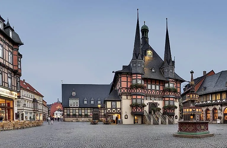 Historic town hall with half-timbered houses on the market square in Wernigerode in the Harz Mountains.