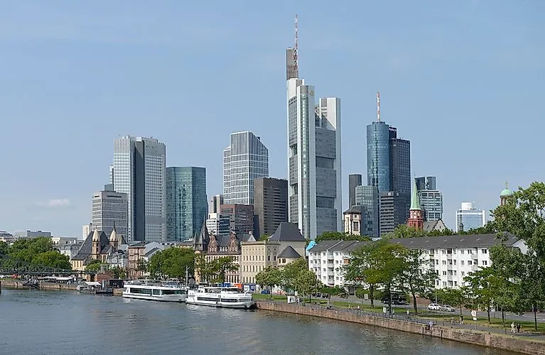 Panoramablick auf die Frankfurter Skyline mit den markanten Hochhäusern entlang des Mains bei klarem Sommerhimmel.
