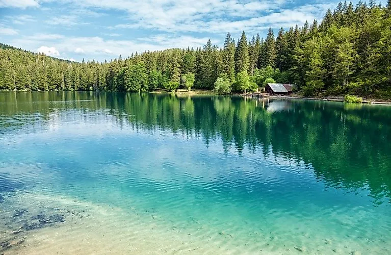 Türkisfarbener Fusine See in Tarvisio, umgeben von Wald und Bergen bei klarem Sommerwetter