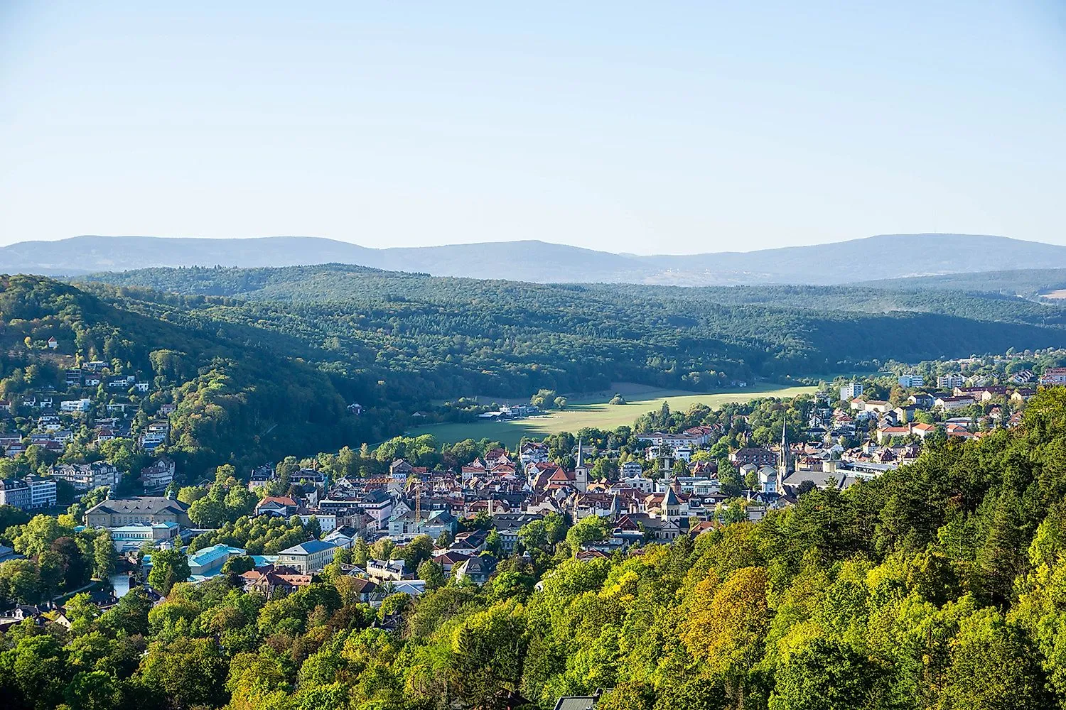 View of Bad Kissingen with the old town and surrounding green hilly landscape