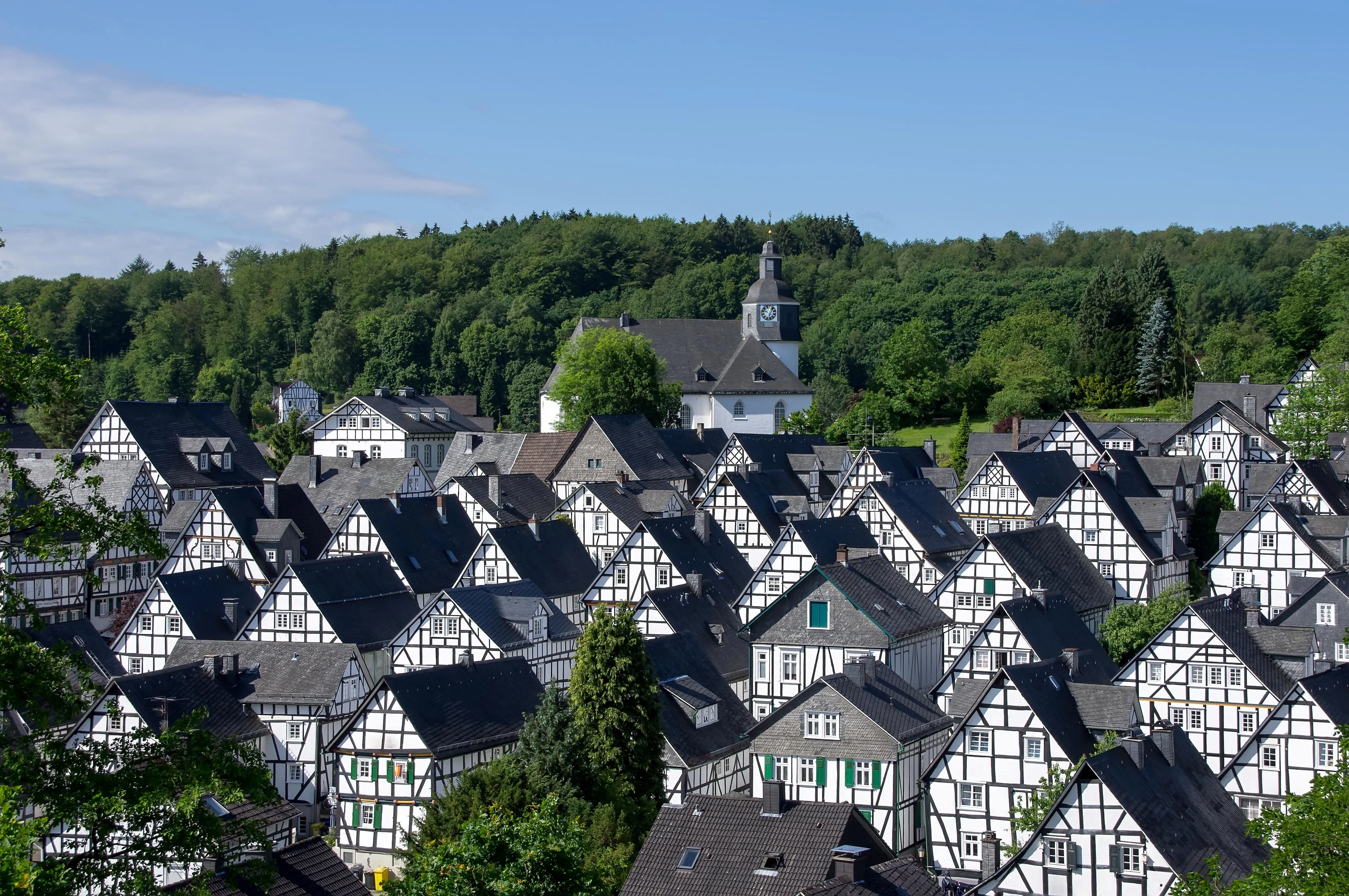 Historische Fachwerkhäuser in Freudenberg in Nordrhein-Westfalen vor grünem Wald