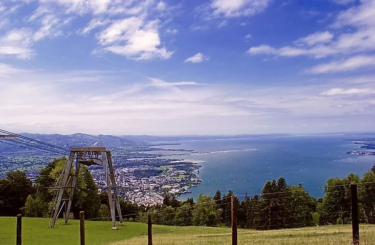 View of Lake Constance and Bregenz from the Pfänder on a clear day