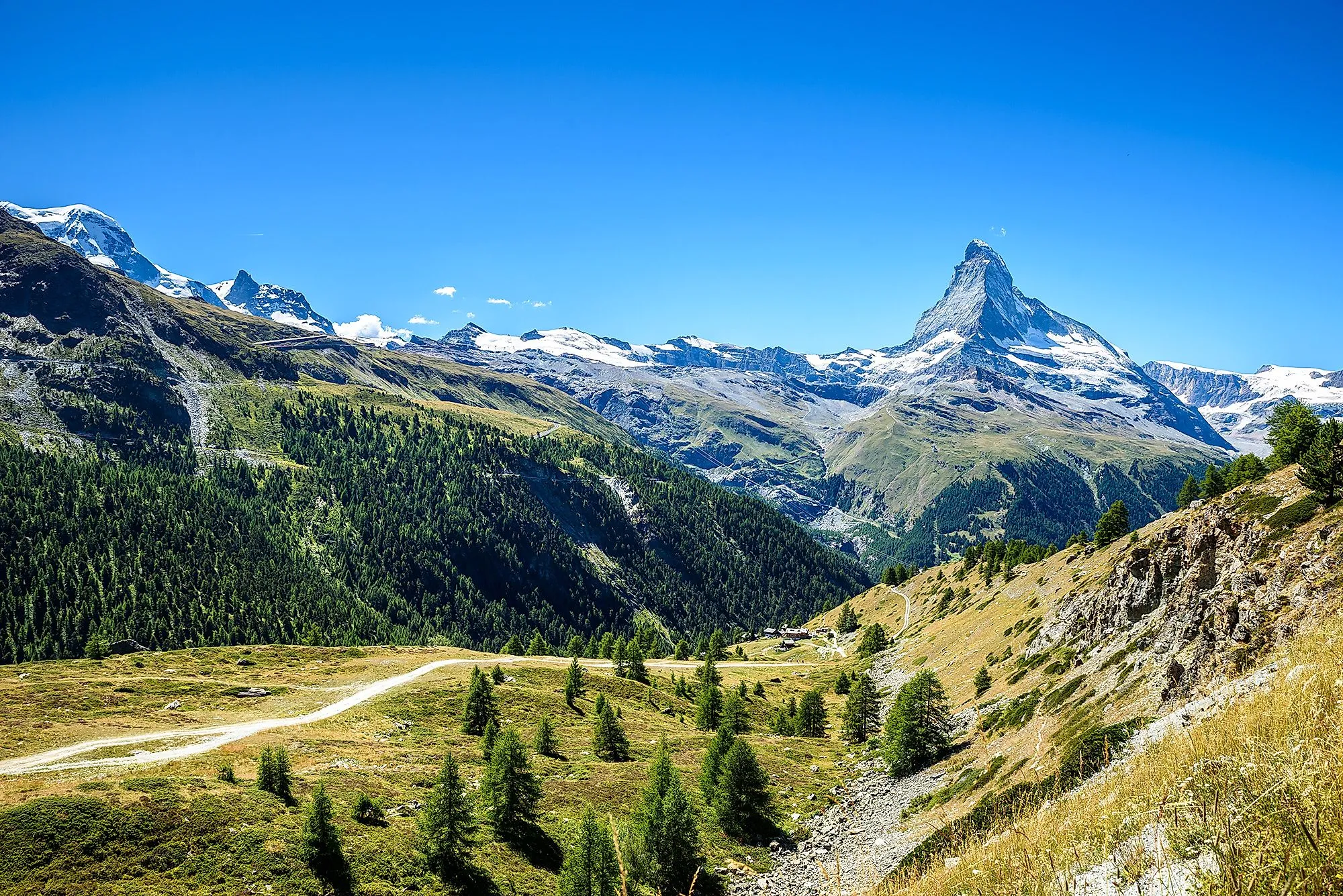 Uitzicht op de Matterhorn bij Zermatt, met groene bossen en bergweiden op de voorgrond en besneeuwde toppen op de achtergrond