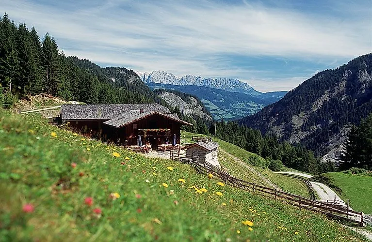 View of an alpine hut with flowering meadows and an impressive alpine panorama near Bad Hofgastein.