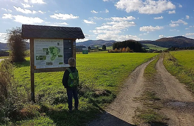 Child with rucksack looking at an information board on a hiking trail in the green countryside of Medebach Bay.