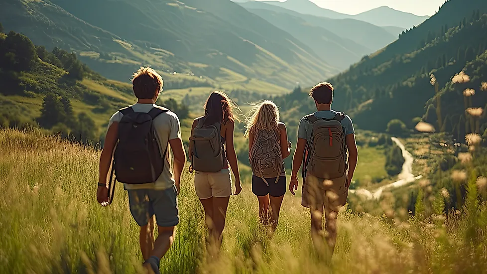 Cuatro excursionistas con mochilas en una excursión de montaña por un soleado paisaje alpino con valle y montañas