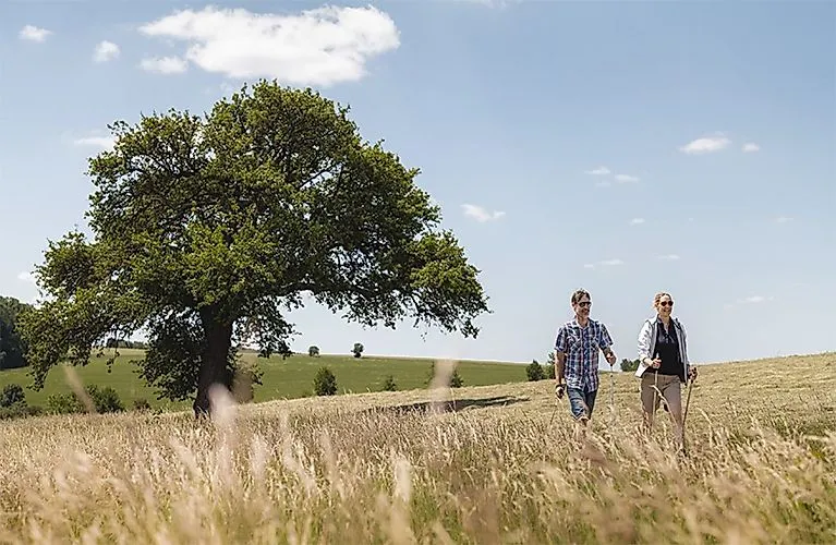 Dvaja turisti na prechádzke rozkvitnutou krajinou v krásnom údolí Tauber neďaleko Bad Mergentheimu.