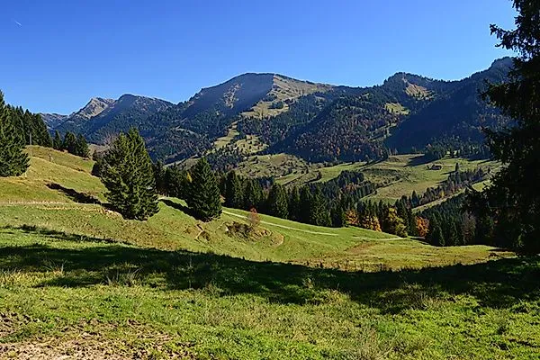 View of the Nagelfluhkette near Oberstaufen with gentle meadows and forests on a sunny fall day.
