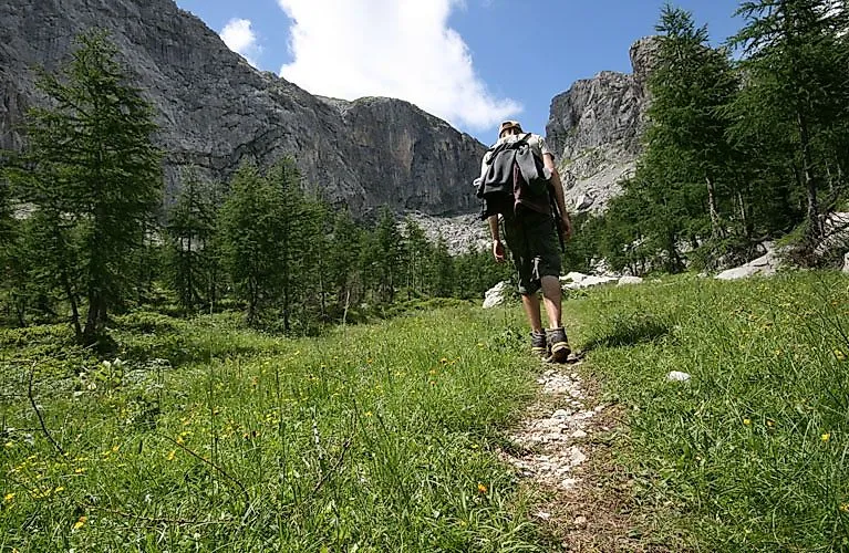 Senderistas en un sendero alpino de Carintia con vistas a rocas y bosques