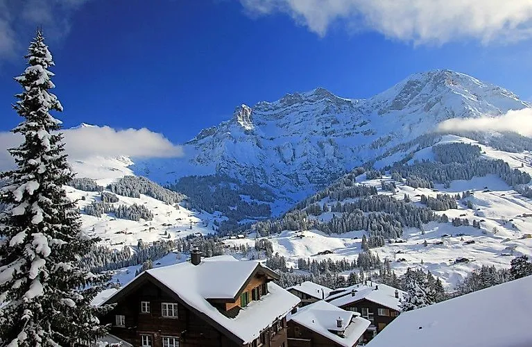 Lenk im Simmental with snow-covered chalets and the Swiss Alps in winter