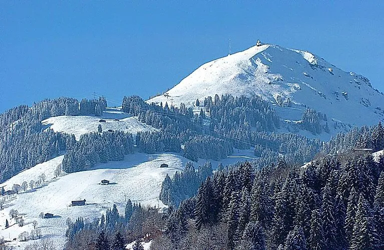 Zasnežená zimná krajina s výhľadom na vrchol a zjazdovku v stredisku SkiWelt Söll.