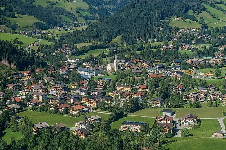 Summer panorama of Wagrain with a view over the picturesque village and green alpine meadows in the middle of the Salzburg mountains.